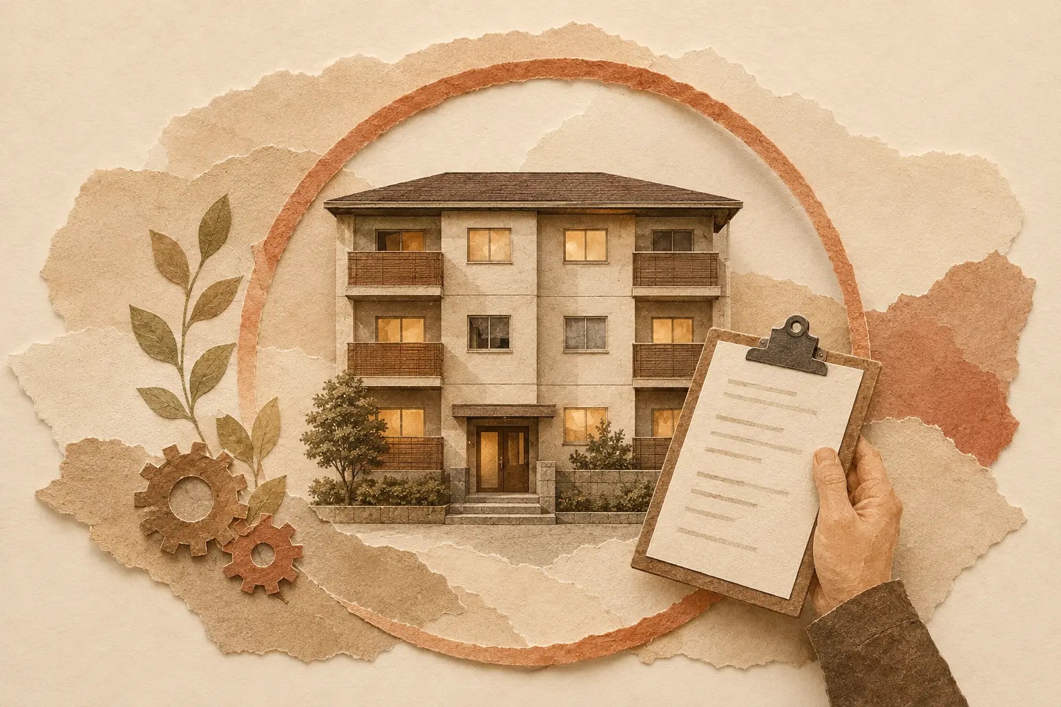 集合住宅の点検と継続的な管理を描いたコラージュ