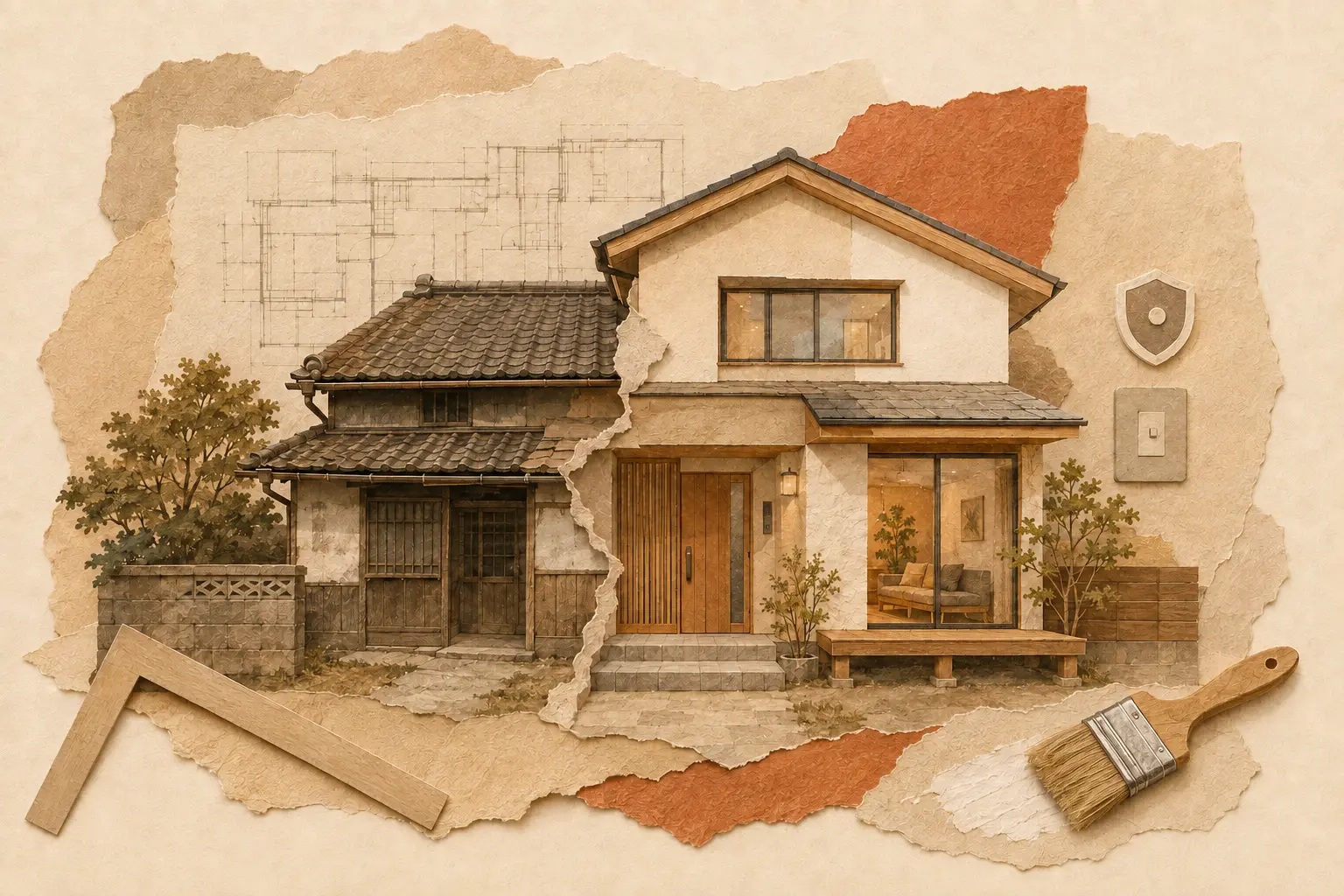 古い住まいから新しい住まいへの変化を描いたリフォームのコラージュ