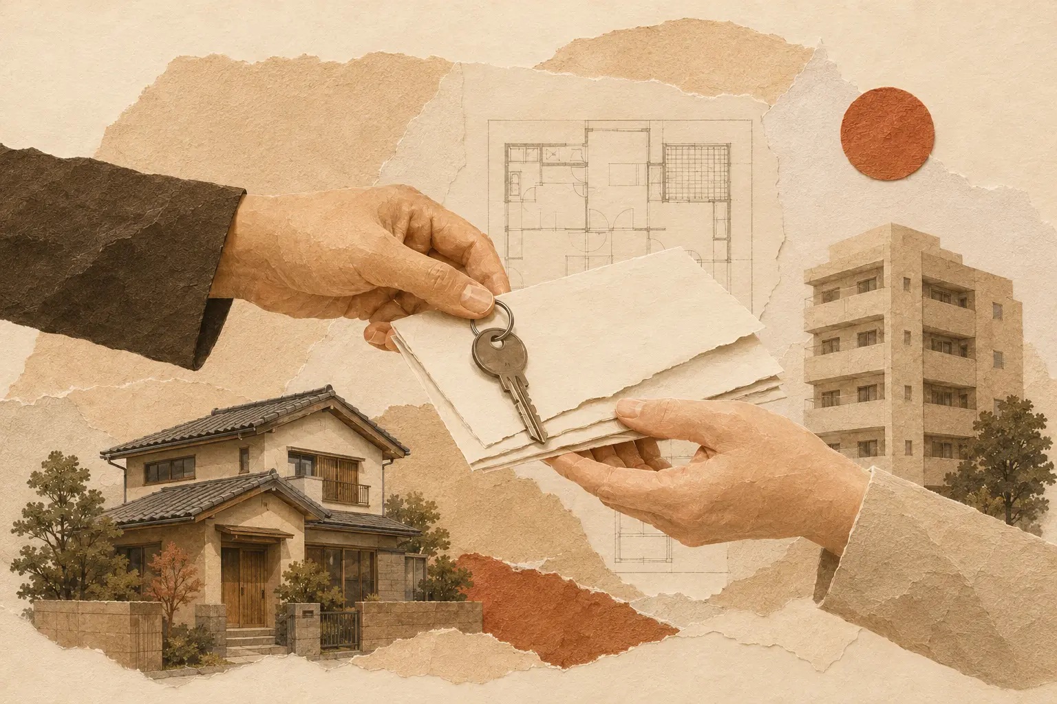 住宅と鍵、書類の受け渡しを描いた売買情報のコラージュ