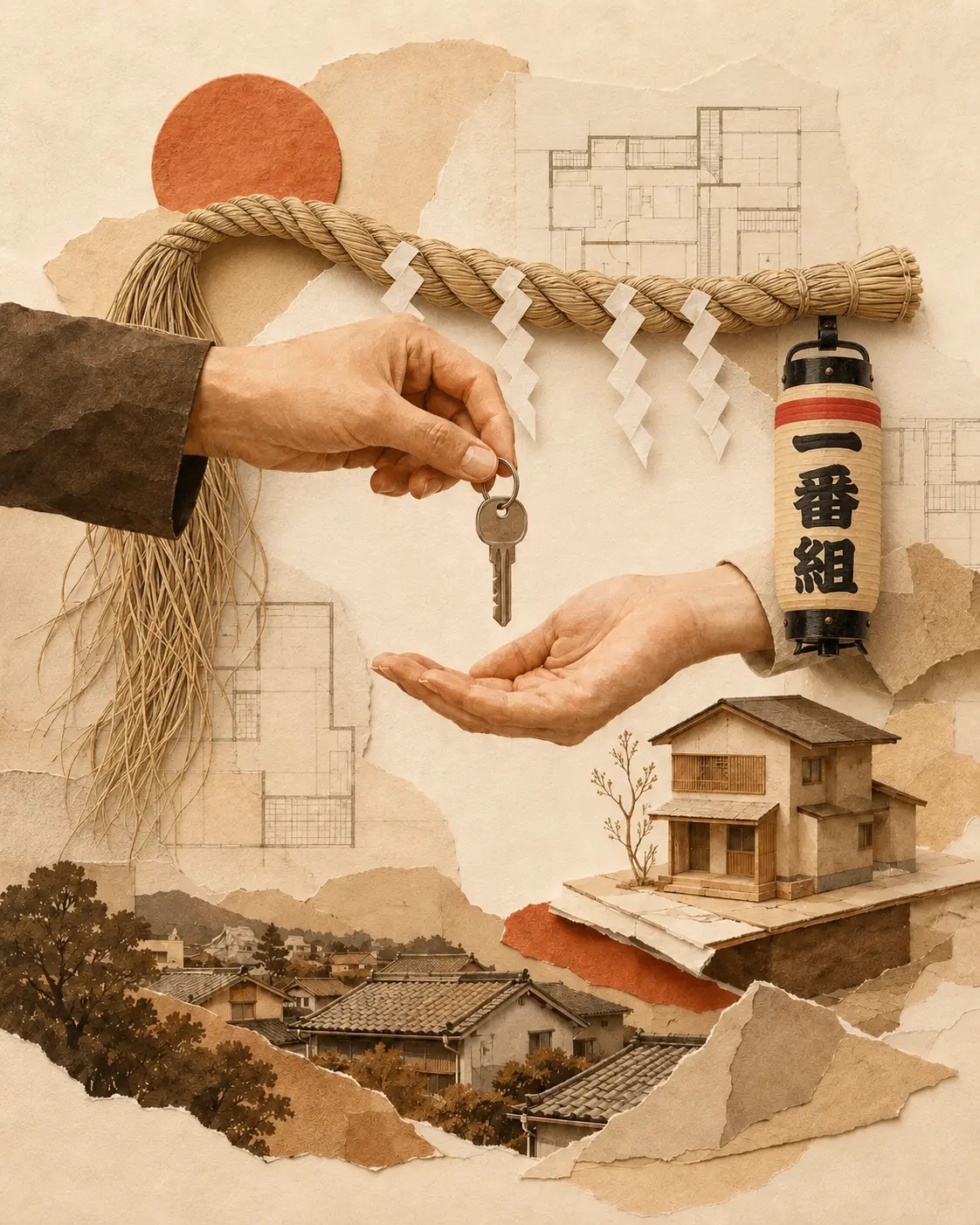 しめ縄と一番組の弓張提灯、鍵の受け渡し、地域の住まいを描いたコラージュイラスト